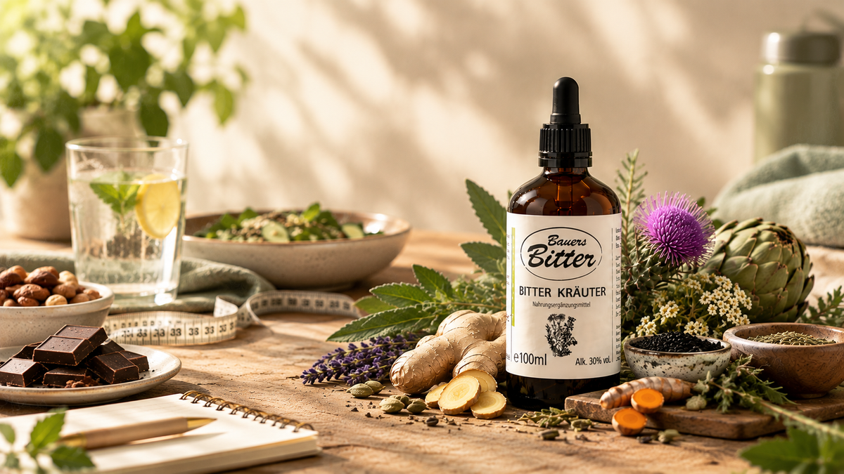 Bauers Bitter Kräutertropfen mit Artischocke, Mariendistel, Ingwer und weiteren pflanzlichen Zutaten, dazu Zitronenwasser, Salat, Nüsse, dunkle Schokolade und Maßband als Symbol für bewusste Ernährung und das Thema Bitterstoffe beim Abnehmen.